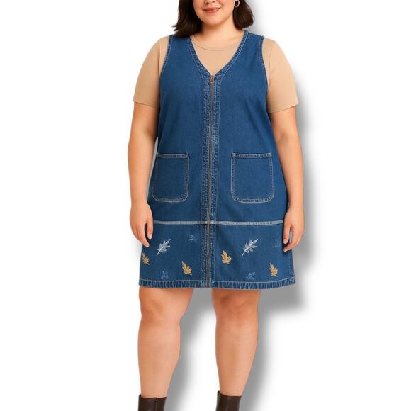 Vintage 90s Denim Jumper Dress Zip Front Autumn Leaf Embroidery Sleeveless Plus - Picture 1 of 12